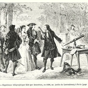 Experience telegraphique faite par Amontons, en 1690, au jardin du Luxembourg a Paris (engraving)