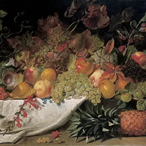 Fruit and flowers on a stone ledge, 1829 (oil on canvas)