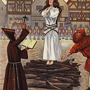 Joan Of Arc about to be burned at the stake (colour litho)