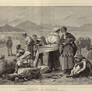 "Smuggling at Gibraltar", Contrabandistas preparing to pass the Spanish Custom House after leaving Gibraltar (engraving)