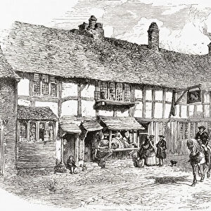 Shakespeares birthplace, before restoration, Henley Street, Stratford-upon-Avon, Warwickshire, England. From English Pictures, published 1890