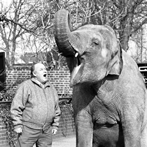 Actor: Roy Kinnear seen here with an elephant at London Zoo. February 1987