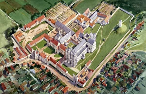 England Collection: Aerial view reconstruction drawing, St Augustines Abbey J920596