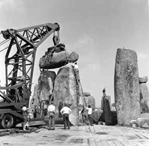 Neolithic Neolithic Photo Mug Collection: Stonehenge. Re-erection of Trilithon lintel in 1958 P50217