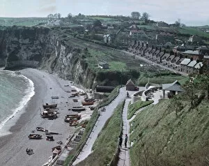 Village Collection: Aerial view of the beach and cliffs at Beer, East Devon