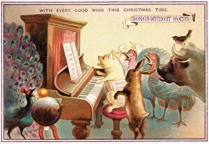 Robins Framed Print Collection: Animals and birds singing round a piano on a Christmas card