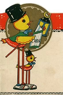 Carols Poster Print Collection: British Kitsch Art Deco Christmas Card, Carol Singing Chicks