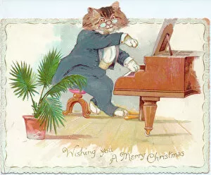 Cats Framed Print Collection: Cat playing the piano on a Christmas card
