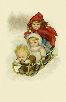Children Poster Print Collection: Three children on a sleigh