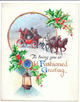 Holly and Mistletoe Fine Art Print Collection: Coach and horses in the snow on a Christmas card