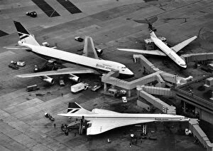 Black and White Canvas Print Collection: Concorde G-BOa a Boeing 747 and a VC10