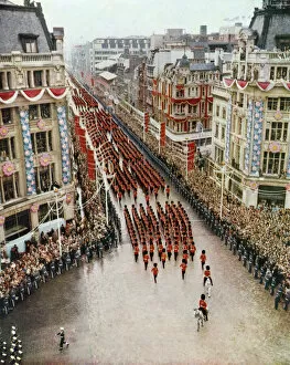 Queen Elizabeth II Pillow Collection: Coronation procession at Oxford Circus, 1953