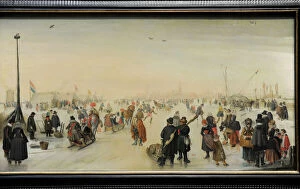 Landscape paintings Photographic Print Collection: Enjoying the Ice near a Town, c. 1620, by Hendrick Avercamp