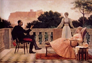 Wealthy Collection: Evening in Athens with wealthy man and two women on a deck Date: 1897