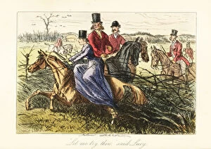 Hillingdon Collection: Lady riding side-saddle on a horse stuck in a fence