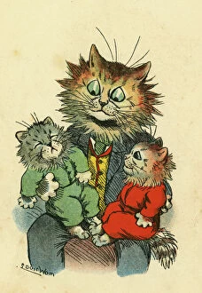 Kittens Collection: Louis Wain, Daddy Cat - with two kittens