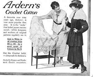 New Images July 2023 Photographic Print Collection: Two models discussing a fabric held out by the draper. Advert for Arden's Crochet Cotton. Date: 1918
