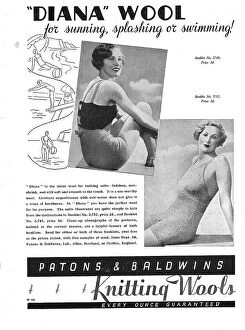 New Images July 2023 Photographic Print Collection: Two models and line illustrations showing knitted wool swimsuts Date: 1935