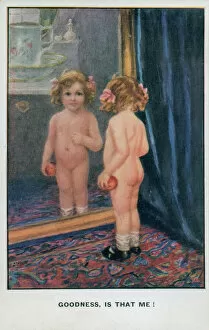 Apple Collection: Naked little girl looking in the mirror