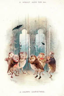 David Evans Collection: Six owl bellringers on a Christmas card