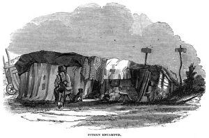 Crutch Collection: Pitmen encamped - evicted coal miner and his dwelling