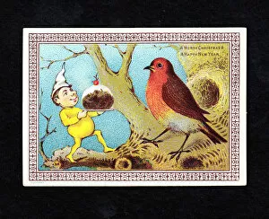Robins Mouse Mat Collection: Robin with goblin and pudding on a Christmas card