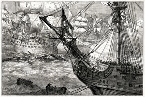 Vigo Collection: The Torbay forcing the boom at the Battle of Vigo Bay, Galicia, Spain, 23 October 1702