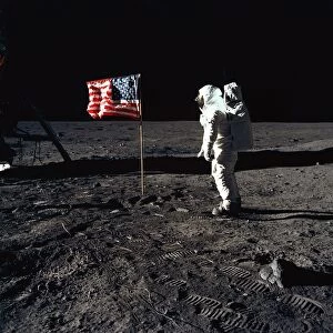 The Moon Premium Framed Print Collection: Buzz Aldrin and the U. S. flag on the Moon