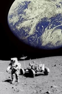 Moon landing Photographic Print Collection: Astronaut on Moon with Earth