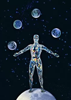 Astrophysics Collection: Cosmic man juggling worlds, artwork