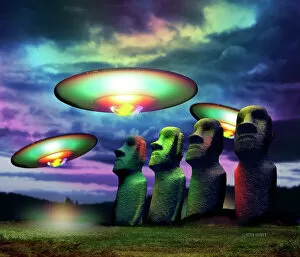 Related Images Photographic Print Collection: UFOs over statues