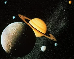 Voyager 1 Framed Print Collection: Voyager I composite of Saturn & six of its moons