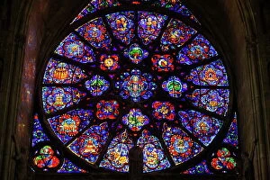 France Cushion Collection: The 18th century rose window dedicated to Mary, Reims Notre Dame Cathedral