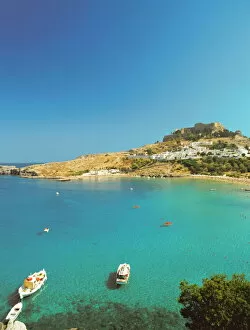 Boats Collection: Acropolis overlooking bay, Lindos, Rhodes, Dodecanese, Greek Islands, Greece, Europe