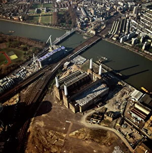 Battersea Cushion Collection: Aerial image of Battersea Power Station, an unused coal-fired power station on the south bank of