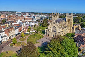 Architectural Exterior Collection: Aerial view over Exeter city centre and Exeter Cathedral, Exeter, Devon, England