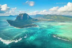 Africa Photo Mug Collection: Aerial view of Le Morne Brabant and the Underwater Waterfall optical illusion