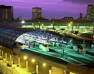 Stations Collection: Aerial view over the modern Eurostar terminal and trains at dusk, Waterloo Station