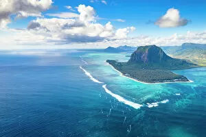 Africa Collection: Aerial view of mountain overlooking the ocean, Le Morne Brabant peninsula