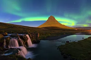 Majestic historic structures Photographic Print Collection: Aurora (Northern Lights) over a moonlit Kirkjufell Mountain, Snaefellsnes Peninsula