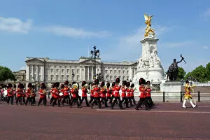 Iconic structures Photographic Print Collection: Band of the Coldstream Guards marching past Buckingham Palace during the rehearsal for Trooping