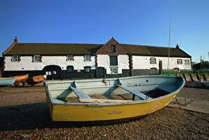 Rowing Boat Collection: Boat and boathouse, Burnham Overy Staithe, Norfolk, England, United Kingdom, Europe