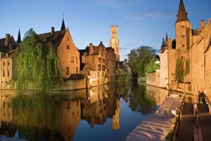 Related Images Poster Print Collection: Canal and Belfry Tower in the evening, Bruges, Belgium, Europe
