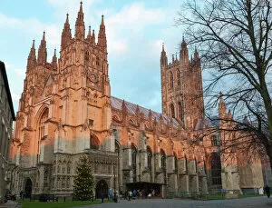 Romanesque Architecture Photo Mug Collection: Canterbury Cathedral, UNESCO World Heritage Site, with nativity diorama at dusk, Canterbury, Kent