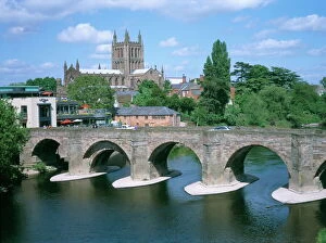 Sky Line Collection: Cathedral, medieval bridge and the River Wye, Hereford, Herefordshire, England
