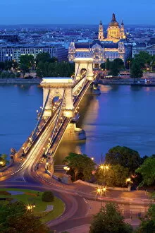 Budapest Collection: Chain Bridge, Four Seasons Hotel, Gresham Palace and St. Stephens Basilica at dusk