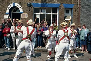 Dance Pillow Collection: Chanctonbury ring of Morris dancers outside the Lewes Arms pub, Lewes, Sussex