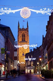 Christmas Lights Pillow Collection: Christmas lights and Cathedral at dusk, Derby, Derbyshire, England, United Kingdom