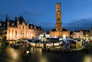 Christmas Cushion Collection: Christmas Market in the Market Square with Belfry behind, Bruges, West Vlaanderen (Flanders)