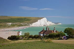 Related Images Pillow Collection: Cuckmere Haven, Seven Sisters white chalk cliffs, East Sussex, England